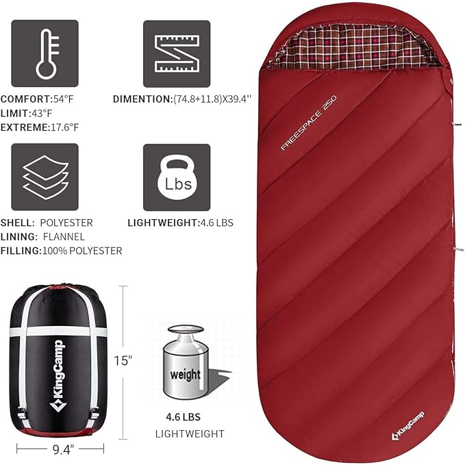 KingCamp Sleeping Bags Big and Tall Flannel Sleeping Bag for Adults Lightweight Portable Extra Wide Sleep Bag for Camping Backpacking Perfect for Cold and Warm Weather Outdoor Gear