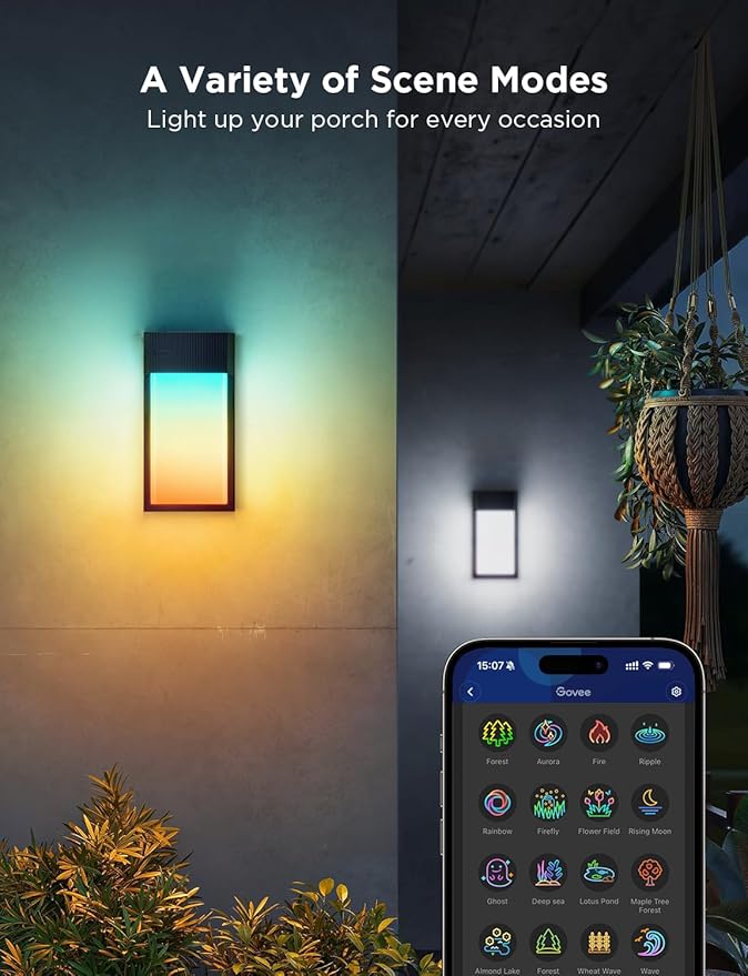 Govee Outdoor Wall Light 1500LM Smart RGBIC Porch Lights Outdoor with 45 Scene Modes IP65 Waterproof for Outdoor Decor DIY Wall Sconce Works with Alexa Google Assistant and Matter 1 Pack