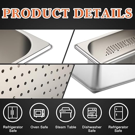 Tioncy 2 Pack Full Size Hotel Pans with Perforated Steam Pan Stainless Steel Steam Table Pan Multifunctional Food Chafing Supplies for Restaurant Kitchen(Full Size 6 Inches 8 Inches)