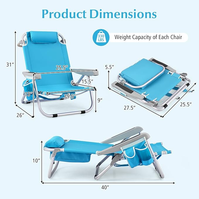 GYMAX Beach Chair 330lbs Backpack Lounger with 5-Position Backrest Storage Bag Side Pocket Towel Bar &amp Headrest Foldable Low Beach Lounge Portable Aluminum Lay Out Camp Chair (2 Light Blue)