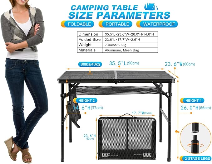Folding Metal Camping Table with Mesh Layer Portable &amp Lightweight Grill Table for Outdoor 2 Adjustable Heights Metal Mesh Tabletop for Camping Cooking Medium Size (2.95 FT Black)