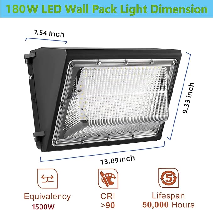 2PACK Dusk to Dawn 180W LED Wall Pack Light Fixture 25200LM 1500W HPS/HID Equivalent100-277V 5000K Daylight Commerical/Industrial Outdoor Security Lighting Parking LotEntrance Warehouse