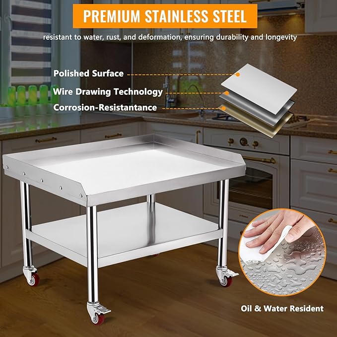 Stainless Steel 36x28x24 in Equipment Grill Stand Table 1000 LBS Top Shelf 220 LBS Bottom Shelf 2 in Edge Baffle for Hotel Home Commercial Restaurant Kitchen with Wheel