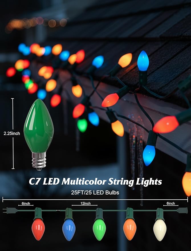 C7 LED Colored Christmas Lights Outdoor 25FT Vintage Colored Christmas Lights with 25 LED Ceramic Glass Multicolor Bulbs for Xmas Roofline Indoor Outdoor Garden Patio Yard Decoration Green Wire