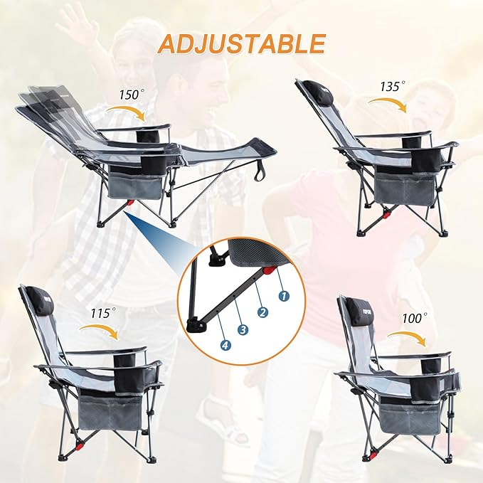 Reclining Camping Chair with Removable Footrest Lounge Chair with Headrest Cotton Cushion Portable Adjustable Folding Chairs