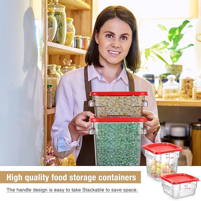 Suclain 2 Pcs Square Food Storage Container Polycarbonate Clear Food Container with Lid Commercial Rice Storage with Graduations for Commercial Kitchen(2 Qt4 QtRed)