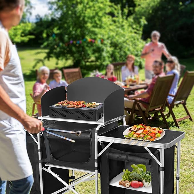 CampLand Folding Camping Kitchen Table with WindscreenPortable Outdoor Cooking Station with Storage Cabinet &amp Side Tables Heavy Duty Camp Cook Station for Camping &amp BBQ (Black3cabinet)