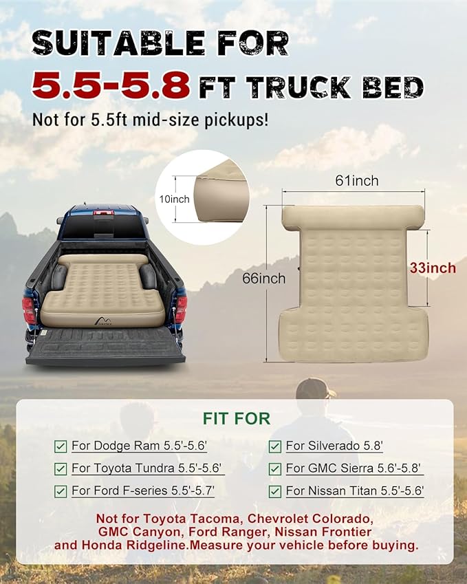 Truck Bed Mattress 5.5-5.8ft for Full Size Pickup Brown Truck Bed Air Mattress Fit for F150 Silverado Leak-Resistant Camping Electric Pump Heavy-Duty Easy Setup Large Carry Bag