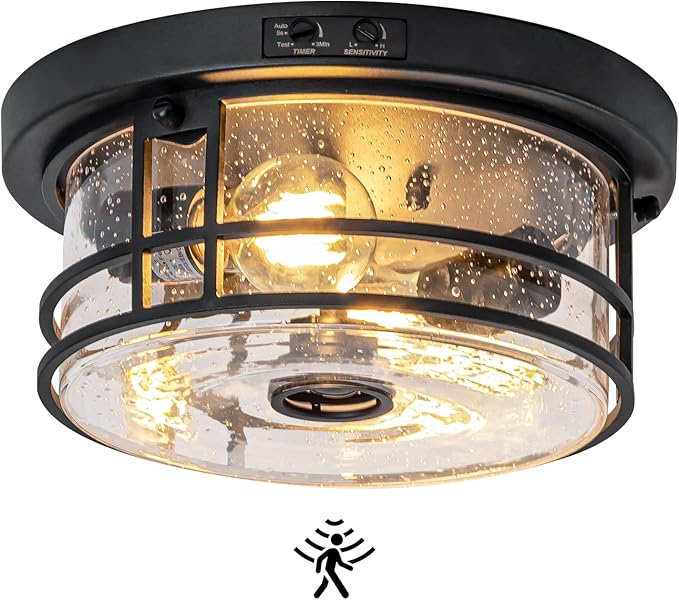 Outdoor Ceiling Light with Motion Sensor Flush Mount Round Porch Light Industrial 2-Light Dusk to Dawn Ceiling Light Fixture with Clear Glass for Entryway Garage Front and Back Yards Black