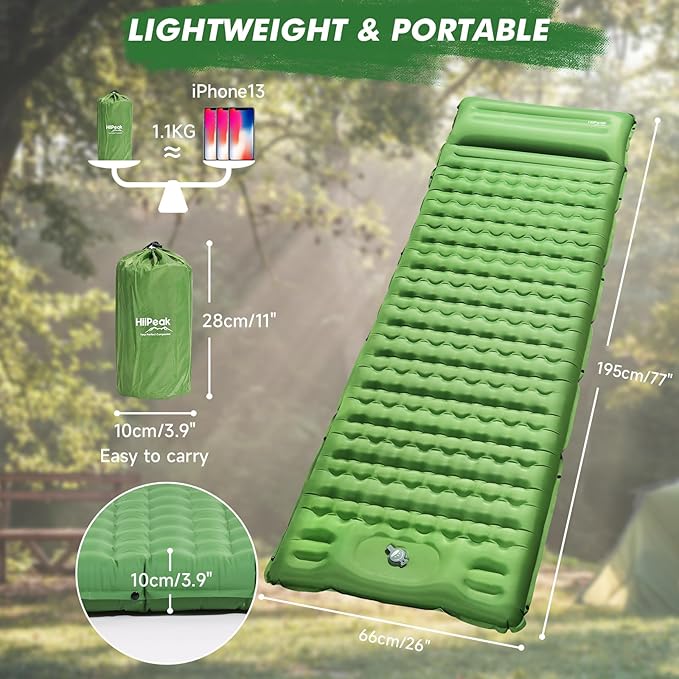 HiiPeak Sleeping Pad for Camping- Ultralight Inflatable Sleeping Mat with Built-in Foot Pump Upgraded Durable Compact Camping Air Mattress for Tent Backpacking Hiking