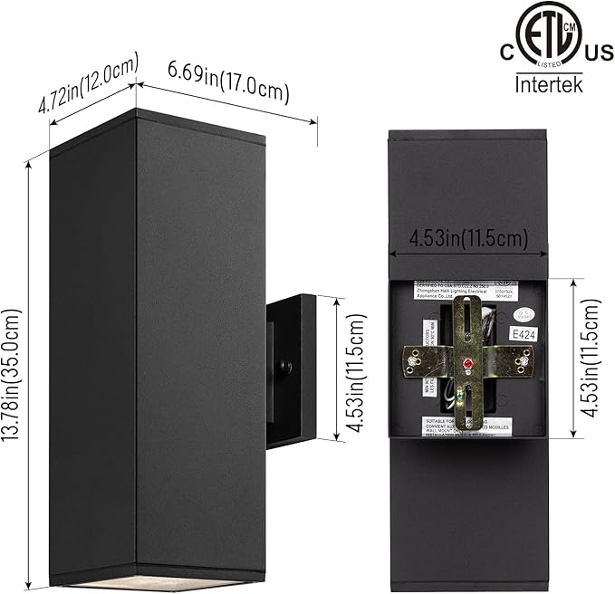 mirrea Modern Outdoor Porch Light Patio Light in 2 Lights with Aluminum Rectangular Tube and Tempered Glass Cover Waterproof Wall Sconce 2 Pack (Matte Black 14)