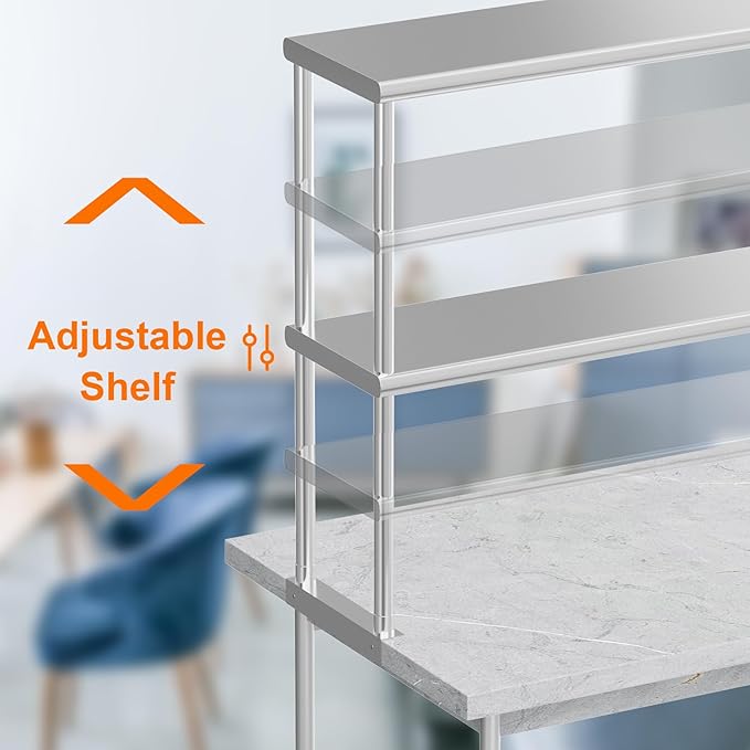 GarveeHome Stainless Steel Double Overshelves 47.24x11.81x33.46 in Adjustable Commercial 2-Tier Shelf Heavy Duty Racks for Kitchen Prep Table Worktable Restaurant