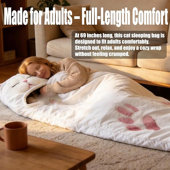 Cat Shaped Plush Sleeping Bag for Adults 69 Foldable Cat Envelope Style Lounge Blanket Soft and Washable Easy in and Out for Camping Travel or Relaxing at Home