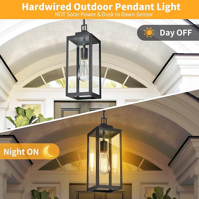 2 Packs 15'' Large Outdoor Pendant Light Modern Outside Chandelier Outdoor Hanging Lantern Light Matte Black with Clear Glass Exterior Pendant Lighting Fixture Ceiling Mount for Porch Gazebo