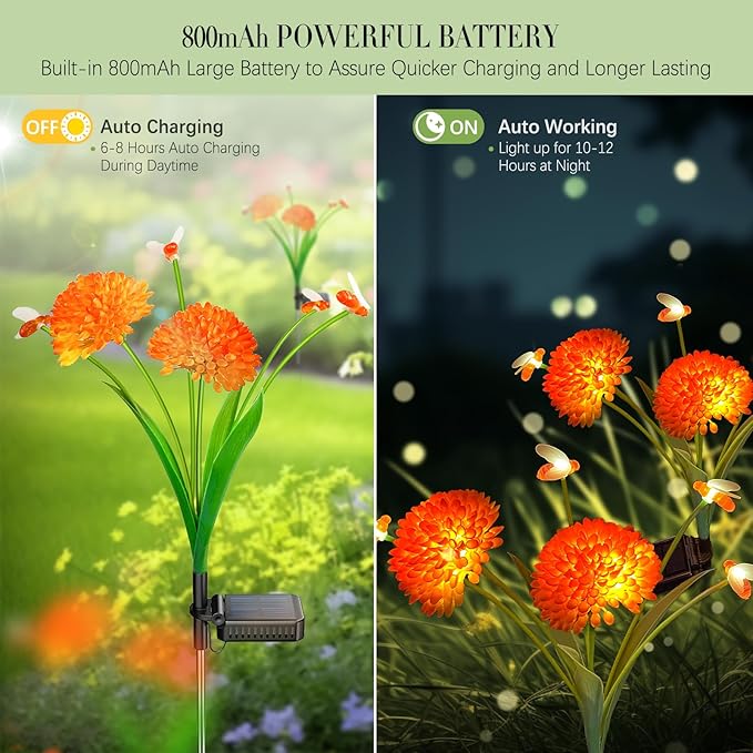 Solar Garden Lights 4 Pack Solar Swaying Bee Lights with Flowers Waterproof Firefly Light Outdoor for Garden Patio Yard Pathway Fall Decoration Gifts for Women Mother's Day