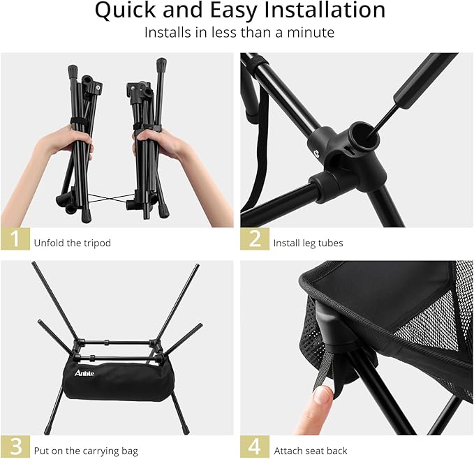 Anbte Extra Height &amp Width Portable Camping Chair 400LBS Capacity Compact Folding Chair with Square Frame Quick Setup Storage Bags on Both Sides Ideal for Camping Hiking Beach Picnic Outdoor Bl