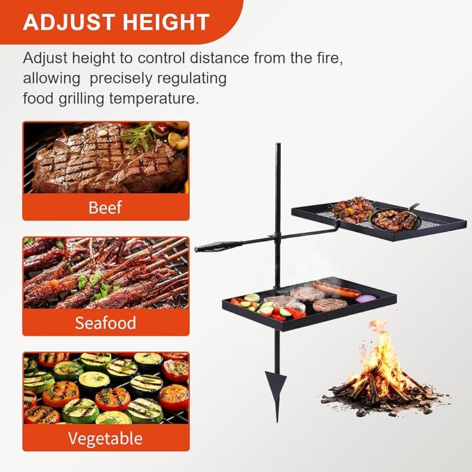 Outvita Swivel Campfire Grill Skillet Combo Portable Heavy Duty Camping Grill Grate with Height Adjustable Grill Grate and Grill Pan and Carry Bag Black