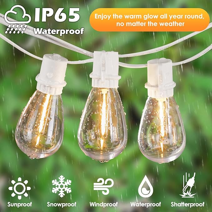 192FT(2x96FT) LED Outdoor String Lights Linkable Patio Light with 60+3 2700K Waterproof Dimmable Hanging Bulbs for Pergola Cafe Wedding-White