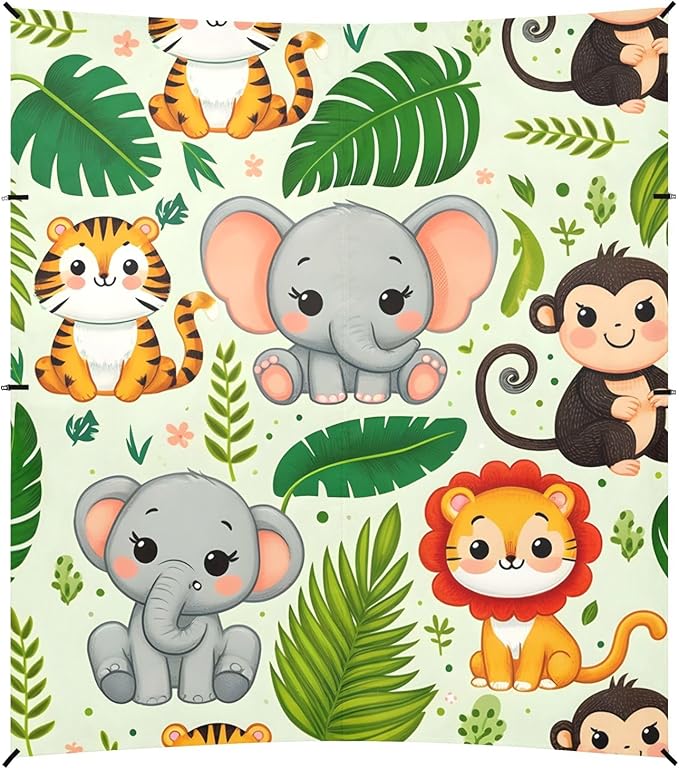 Cute Jungle Animals Palm Leaf Camping Sun Shelter Beach Tent Portable Beach Sun Shade Outdoor Canopy for Camping Trips Fishing Picnic