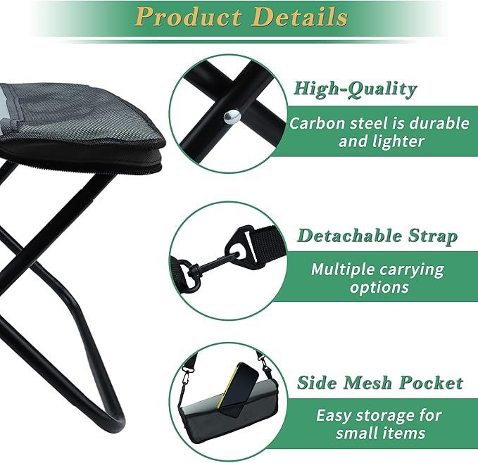 YANYUCB Portable Folding ChairUltralight Collapsible StoolCamping ChairHandbag Style Pocket Foldable Stool for Camping Travel Fishing Hiking and Outdoor Activities(Grey)