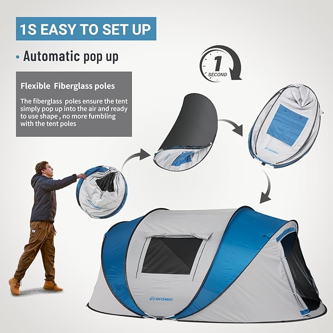 EchoSmile Instant Pop Up Camping Tent 2/4/6 Person Easy Setup Tent Water Resistant Dome Portable with Carry Bag
