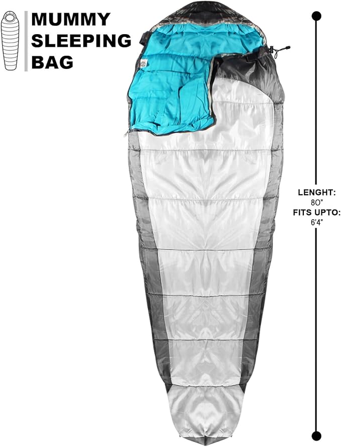KHOMO GEAR Sleeping Bag Mummy Style - 3 Season - Camping &amp Outdoors - Grey