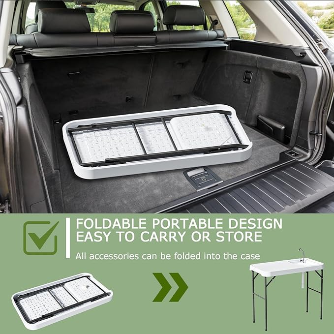 Folding Fish Cleaning Table with Sink Portable Camping Sink Table with Measure Mark Drainage Hose and Knife Groove Outdoor Fish Fillet Cleaning Station for Picnic Fishing White