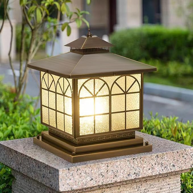 All Copper Steel Glass Outdoor Post Lights Waterproof Pillar Light Vintage Patio Lawn Column LampOutdoor Column LightsDeck Lights Lantern Fence Lamp Fixture E26 Base (Arch Glass 12X12IN)