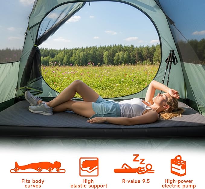 Self Inflating Sleeping PadMemory Foam Camping Mattress w/Detachable Electric Pump4 - Inch Thick Memory Foam for Ultimate Comfort for IndoorOutdoorRoad Trip4 - Season UseGray