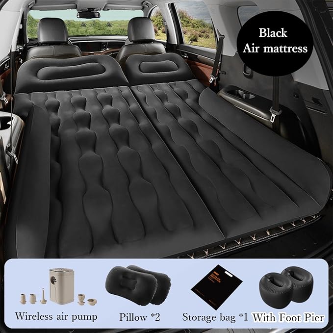 Car Air Mattress for Mitsubishi Outlander PHEV SUV 2018-2025 Portable Inflatable Bed for Trunk Backseat Flocked Surface for Camping Travel for SUV MPV MinivanBlack-with Foot Pier