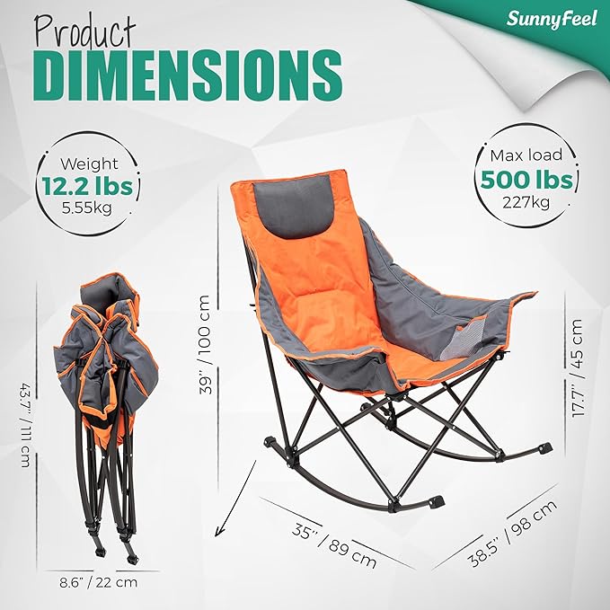 SUNNYFEEL Oversized Heated Rocking Camping Chair 2 Pack Fully Padded Patio Chair with Side Pocket High Back Portable Lawn Recliner with Carry Bag Outdoor Rocker Chair for Adults Heavy Duty 500 LBS