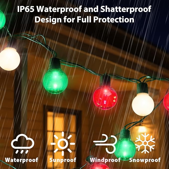 100 LED 50Ft Globe Christmas Lights Outdoor Round G30 Christmas Small Balls Lights Connectable Waterproof for Patio Backyard Eaves Tree Porch Indoor Outdoor (Red Green and White)
