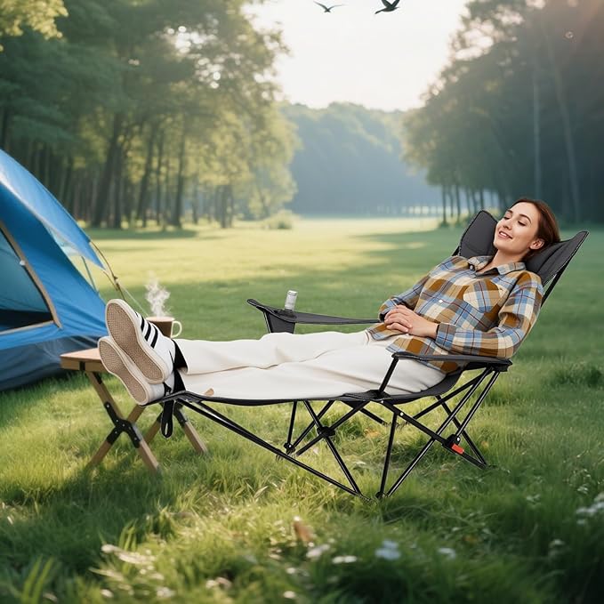 Tangkula Reclining Camping Chair 2 in 1 Porable Folding Lawn Chair with Removable Footrest 4-Position Adjustable Backrest Cup Holder &amp Side Pocket Carry Bag (1Gray)