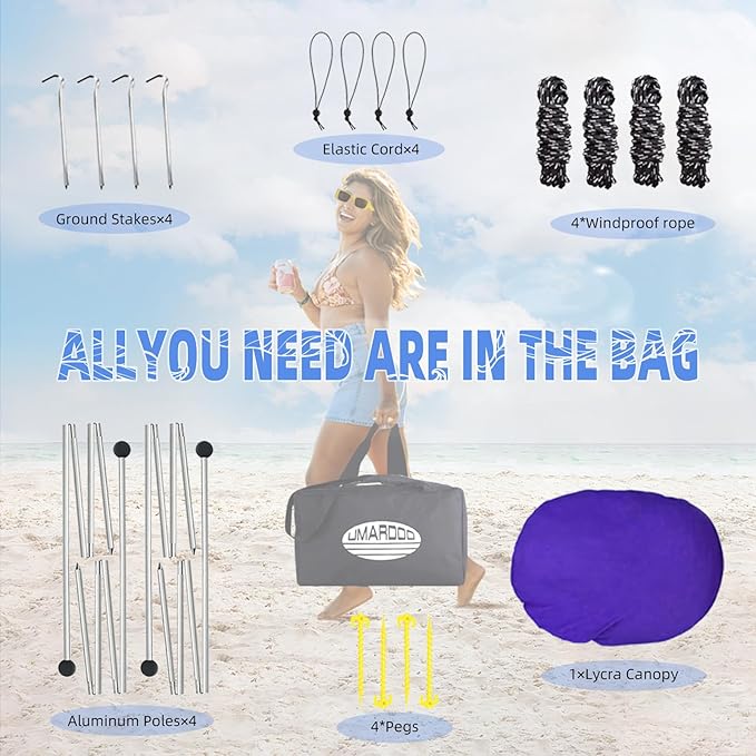 UMARDOO Family Beach Tent Canopy Sun Shade Portable 10×10FT Large Wind Resistance Beach Sun Shelter Easy Setup with Packable Carry Bag for Outdoor Travel UPF 50+(Purple)
