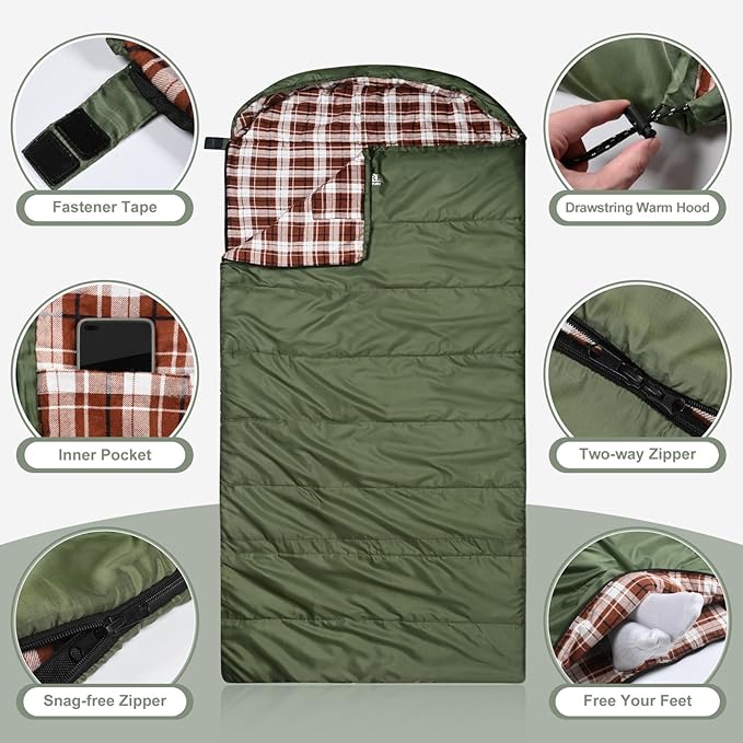 AGEMORE Cotton Flannel Sleeping Bag for Adults Lightweight XXL Cotton Sleeping Bag for Camping Backpacking or Hiking Water Resistant 3-4 Season Sleeping bag for Warm &amp Cool Weather