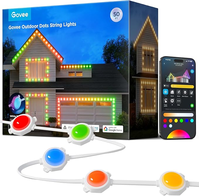 Govee Outdoor LED Strip Lights 45 RGBIC LED Lights 50FT String Lights with 65 Scene Modes Halloween Decoration Work with Alexa Google APP Control IP65 Waterproof