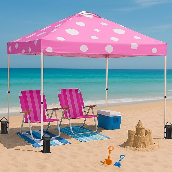 EAGLE PEAK Pop Up Canopy Tent with Wheeled Carry Bag 8 Stakes 4 Ropes 4 Weight Bags Easy Set Up Tent Canopy 10x10 ft 100sqft of Shade Pink Mushroom
