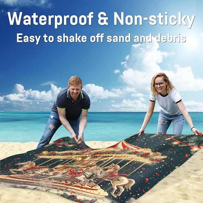 Carousel Horse Beach Blanket Sandproof Beach Mat 68 x 59 Waterproof Quick Drying Sand Free Mat with 4 x Ground Spikes for Outdoor Travel Camping Hiking Amusement Park Christmas