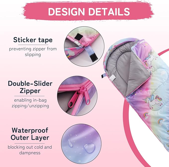 tuphen Kids Sleeping Bag - 50-77℉ 3-Season Waterproof Sleeping Bag for Boys &amp Girls Lightweight 2.2 lbs Camping Gear with Compression Bag Ideal for Camping Hiking Indoor