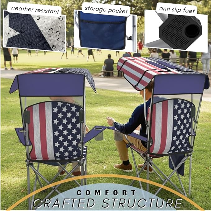 Portable Folding Camping Chairs with Canopy Shade Beach Chair for Adults Durable Weather Resistant 600D Oxford Cloth Camping Chair with Canopy for Outdoors [Flag-2 Pack]