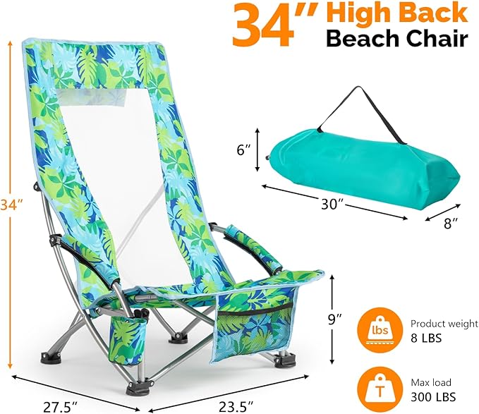 VINGLI Low Beach Chairs High Back Chairs with Carry BagFoldable Portable Backpack Beach Chair for Camping Picnic LAN-2 Pack