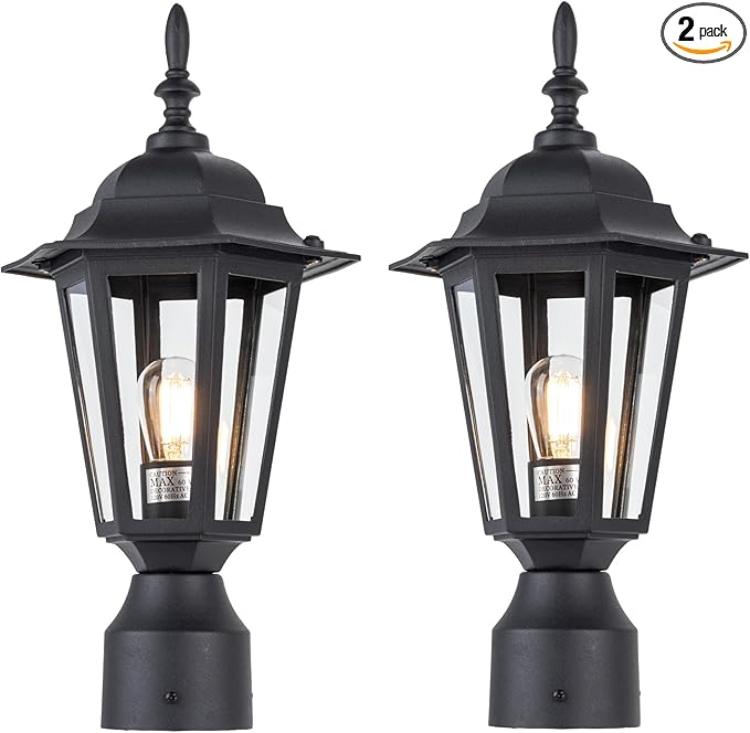 LIT-PaTH 16 Inch Outdoor Lamp Post Light Fixture Exterior Pole Lantern with Clear Glass Hardwired Aluminum Post Lighting for Driveway Garden Yard Matte Black 2-Pack