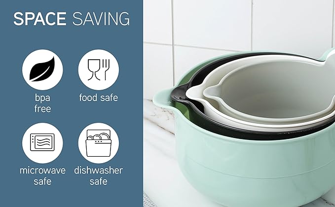 COOK WITH COLOR Nesting Plastic Mixing Bowl Set with Pour Spouts and Handles Mint 4 Piece Non-Slip