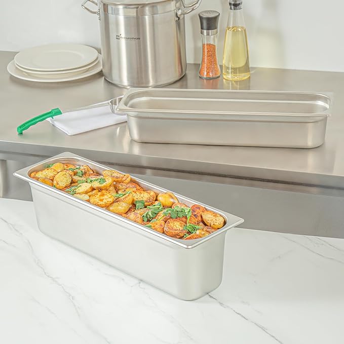 Restaurantware-Kitchen Tek 1/2 Size Long Steam Table Pans 6 Anti-Jam Steam Pans - Lids Sold Separately 6” Deep 24 Gauge Stainless Steel Hotel Pan Freezable for Catering Events and Parties