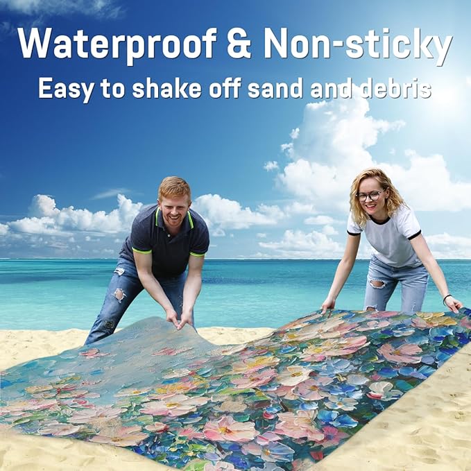Waterproof Sandproof Beach Blanket 59''×68'' Flower Polyester Outdoor Picnic Blanket with 4 Stakes &amp Storage Bag for BeachCampingVacation Oil Paintings