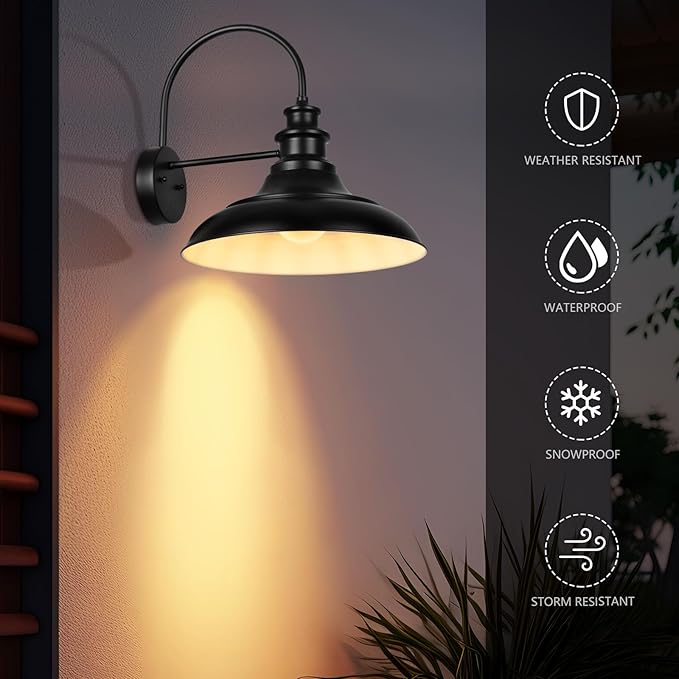 Outdoor Barn Light Fixture 16 Inch Large Dome Farmhouse Exterior Wall Mount Light Rustic Wall Sconce Indoor Wall Lighting Fixture Industrial Black White Lantern for Porch 1 Pack