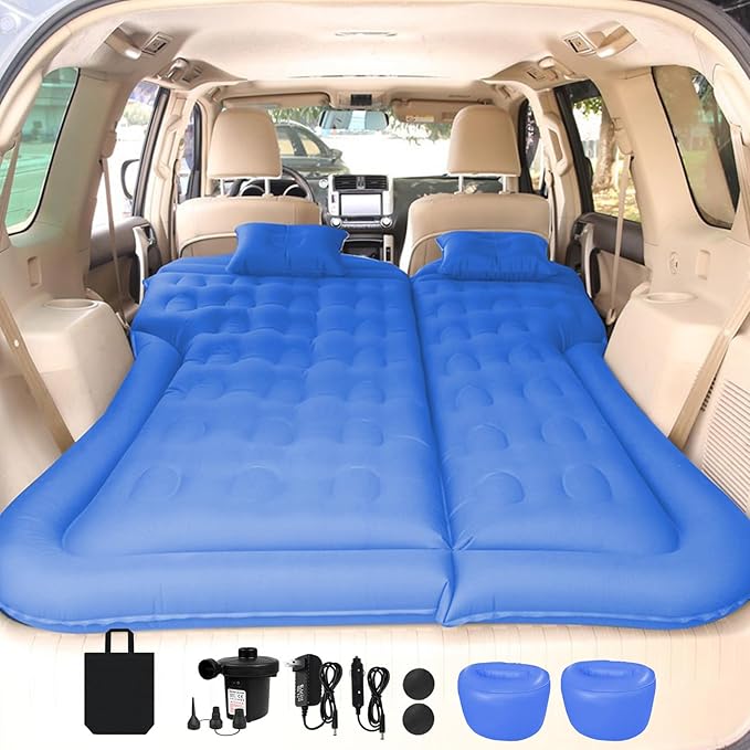 ISWEES Car Bed SUV Air Mattress Car Air Mattress with Home Power Adapter Electric Pump 2 Inflatable Pillows and 2 Footrests for Back Seat Side SeatTrunk Sleeping Thickened Camping Bed - Blue