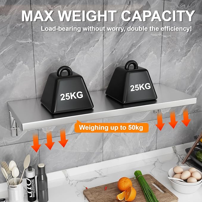 Folding Wall Shelf 23.6 x 12 Stainless Steel Wall Mounted Folding Table 110lb Capacity Floating Concession Shelf for Food Trucks Trailer Windows Kitchen Garage Utility Room 2 Pack