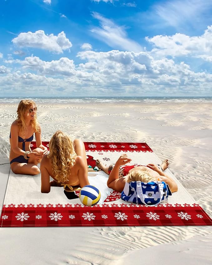 Beach Blanket Waterproof Sandproof OversizedChristmas Snowflake Cute Dwarf Red Buffalo Check Beach Mat with Corner Stakes Sand PocketsWinter Flower Outdoor Picnic Mat for Travel Camping 83x79In