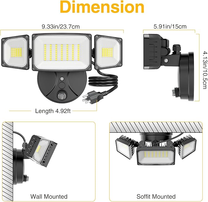 Onforu 80W Dusk to Dawn Outdoor LightingPlug in LED Flood LightsBlack Outdoor Lights with Remote8000LM Security LightIP66 Waterproof Lighting2Modes 3 Adjustable Heads Light for Garage Yard